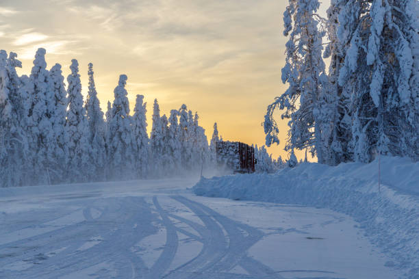 Truck loaded with wood on the snowy road in Lapland
