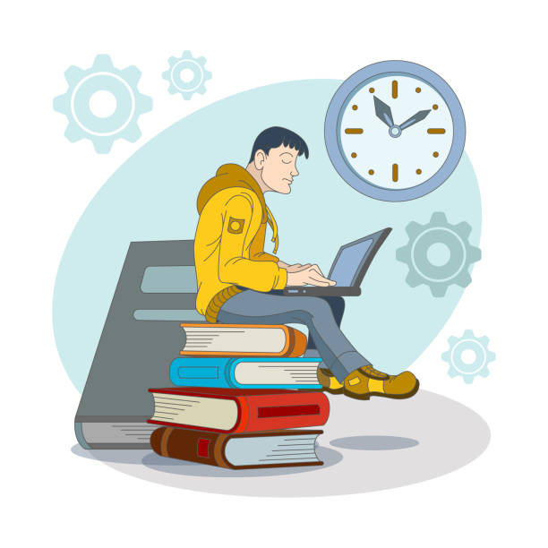 Male working on laptop, sitting on clock. Time management illustration with cartoon character Male working on laptop, sitting on clock. Time management illustration with cartoon character doing job or studying on time. Flat vector illustration in blue colors time management student stock illustrations