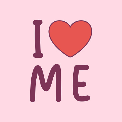 I love me text with red heart. Concept of self love and care. Valentine day phrase. Doodle quote for card, poster, print, collage design. Vector graphic.