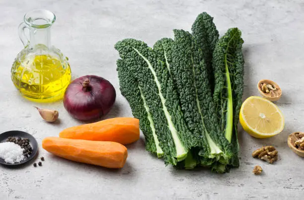 Ingredients: black tuscan kale leaves (cavolo nero or lachinato kale), carrots, red onion, garlic, olive oil, lemon, walnuts and spices for a healthy diet salad on a gray textured background.