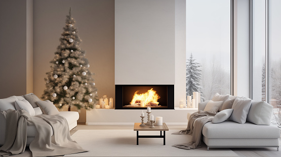 Modern living room with the Christmas decorations and fireplace, Scandinavian style minimalistic