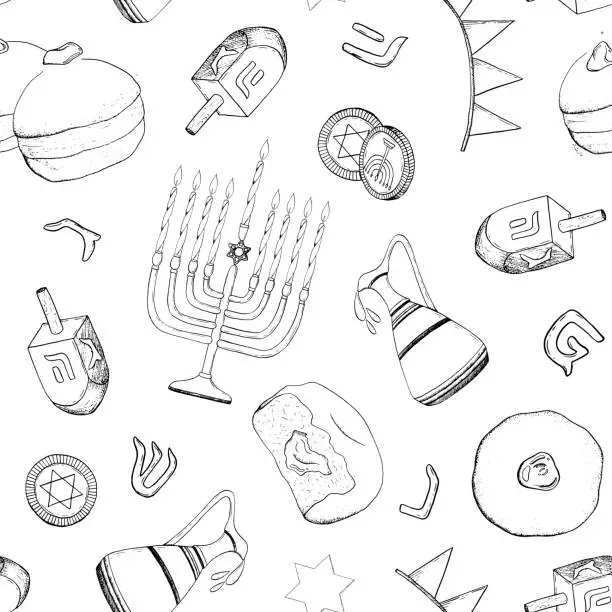 Vector illustration of Vector Hanukkah seamless pattern with Jewish holiday traditional symbols, Hebrew letterrs and bakery. Sufganiyot, dreidel, menorah in black and white
