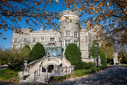 Glenside, USA - November 5, 2023. Historic Grey Towers Castle  in the campus of Arcadia University, a private university located in Glenside, Cheltenham township, Pennsylvania, USA