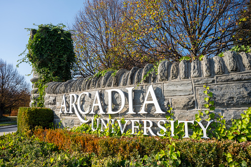 Glenside, USA - November 5, 2023. Entrance of Arcadia University, a private university located in Glenside, Cheltenham township, Pennsylvania, USA