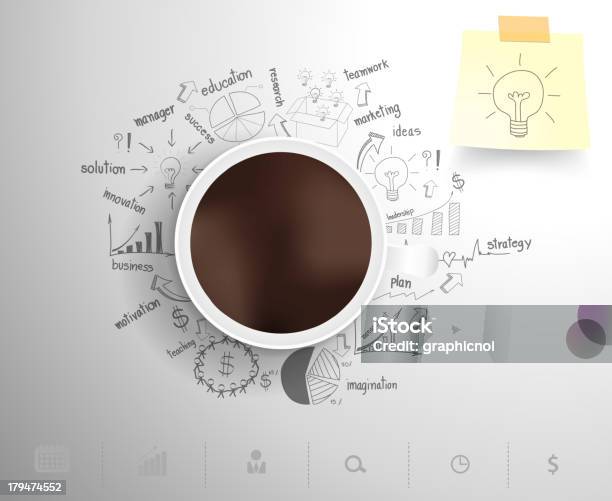 Coffee Cup Sitting On Drawn Business Plan Icons Stock Illustration - Download Image Now - Meeting, Breakfast, Infographic