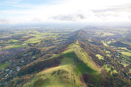 beautiful aerial view of the Malvern Hill, Great Malvern, Worcestershire, United Kingdom, Autumn daytime
