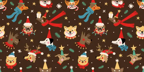 Vector illustration of Seamless pattern with Cute cartoon dogs wearing different Christmas outfits.