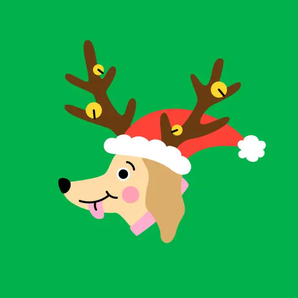 Vector illustration of Cute cartoon golden retriever puppy with a red hat and reindeer horns.