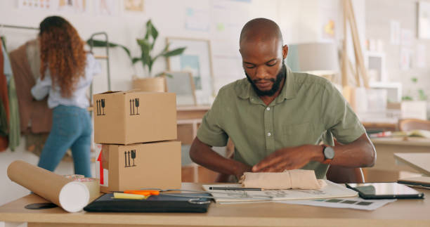 istock Business owner, delivery box or black man with clothes package for export or ecommerce shipping. Dropshipping, fashion product or African entrepreneur supply chain distribution for cargo or courier 1794752623