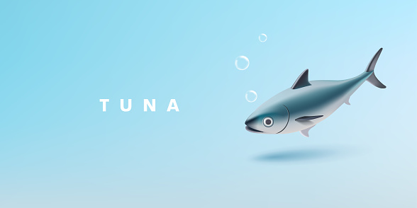 Tuna fish in the ocean with bubbles. Realistic 3d illustration for packaging design concepts, ocean life, delicious food, and diet. Vector illustration