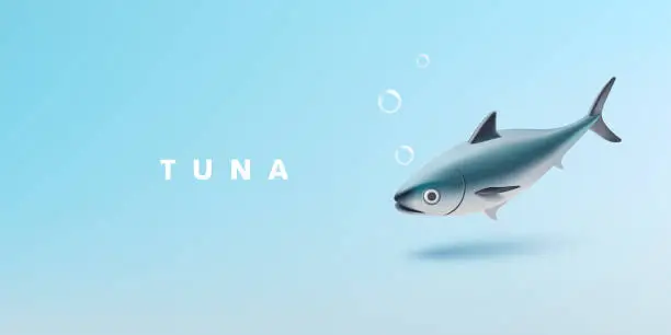 Vector illustration of Tuna fish in the ocean with bubbles. Realistic 3d illustration for packaging design concepts, ocean life, delicious food, and diet.