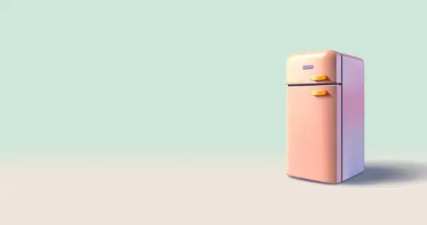Vector illustration of Refrigerator for home 3D. Realistic image for advertising household appliances, food storage, and freezing technologies. Illustration in retro style.