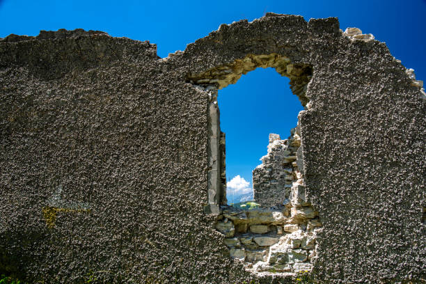 Medieval ruins building of the Harcaroy Battle Tower. Kharkaroi village, Vedensky district, Chechen Republic. Russia