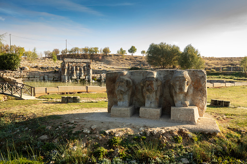 The Hittite spring sanctuary of Eflatun Pinar lies about 100 kilometres west of Konya close to the lake of Beysehir in a hilly, quite arid landscape.