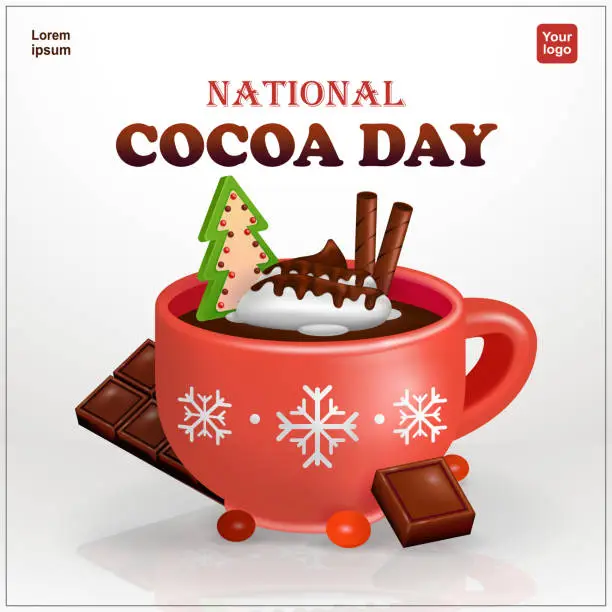 Vector illustration of National Cocoa Day. A cup of hot chocolate in a red glass with cream, chocolate bar, pine cookies and wafer roll. 3d vector, perfect for Christmas and events