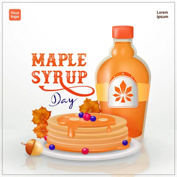 Vector illustration of Maple Syrup Day, fresh hot pancakes and a glass bottle of sweet maple syrup with elements of berries and maple leaves. 3d vector, suitable for food business and events