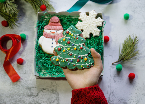 Girl's hands in red knitted sweater put gingerbread in the form of  Christmas tree into gift box with snowman and snowflake gingerbreads next to pine branch, ribbons and wrapping paper.