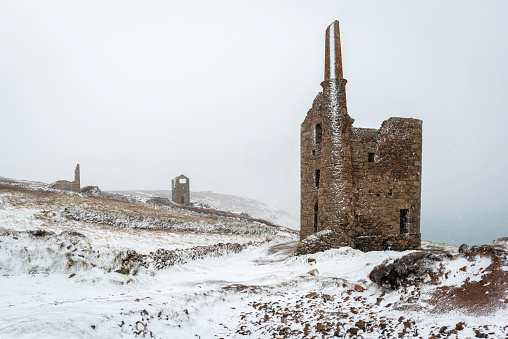 Wheal house and engine house ruins on historical Tin Coast in Cornwall