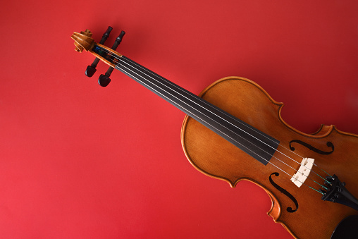 Traditional violin cut diagonally on isolated gradient romantic red background. Top view.