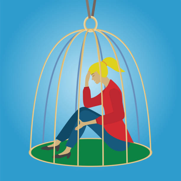 istock Sad woman, girl captured in cage. Vector illustration. 1794773579