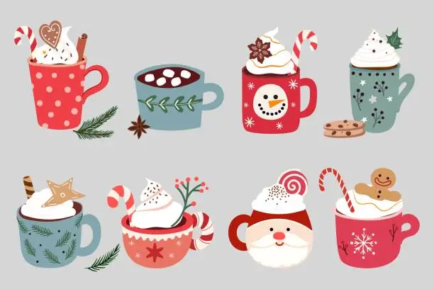 Vector illustration of Christmas hot drinks collection with seasonal different mugs in winter design