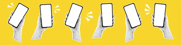Vector illustration of Vector halftone hands hold phones. Banner with hands holding mobile phones. Modern art with halftone effects. Human palms and smartphones.