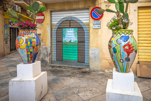 Mazara Del Vallo, Italy - July 8, 2023: Ceramics in The city centre, known as the Kasbah with Arab architecture elements.