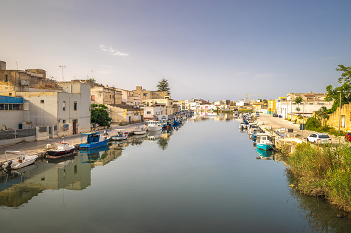 Mazara Del Vallo, Italy - July 8, 2023: Sea channel of town in southwestern of Sicily.