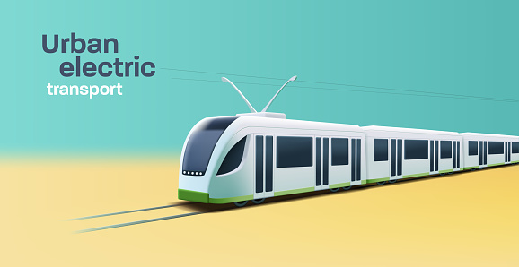 City transport. Modern Tram or train 3d illustration on the rails, urban public transport banner