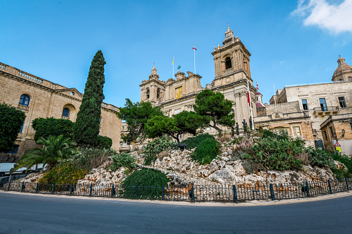 Small Park In Front Of St. Lawrence's Catholic Church In Birgu, Malta