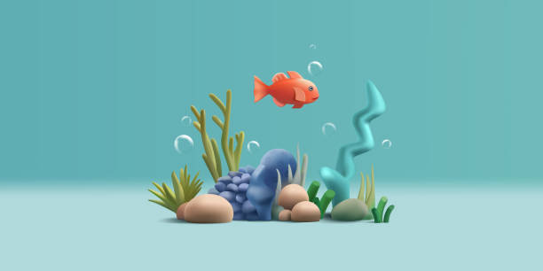 istock Coral reef and fish. 3d vector cartoon illustration with seaweed and bubbles under water 1794778332