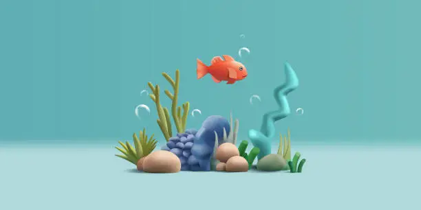 Vector illustration of Coral reef and fish. 3d vector cartoon illustration with seaweed and bubbles under water