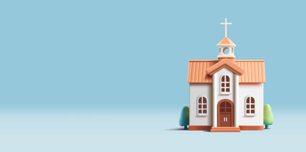istock 3d render church building icon, white facade with bushes and trees, front view, modern graphic 1794778854
