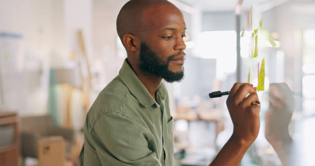 istock Planning, whiteboard and sticky notes with a business black man in the office for brainstorming or problem solving. Writing, thinking and strategy with a young employee working on a company game plan 1794788455