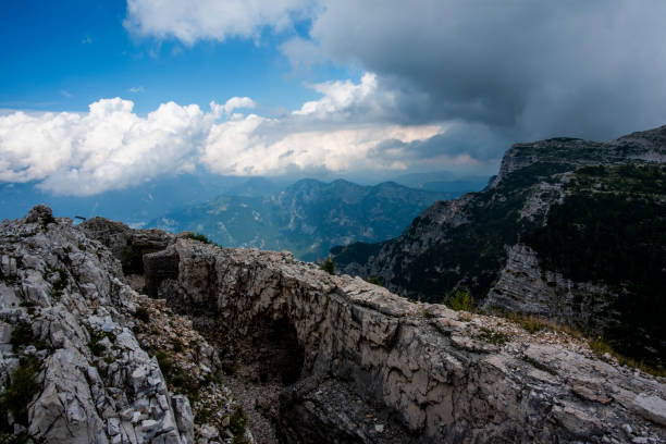 summer view of Mount Ortigara with blue sky and First World War fortifications on the Asiago plateau Vicenza Veneto Italy