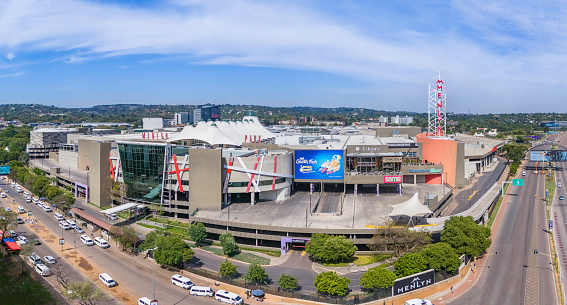 Menlyn Park Shopping Mall in Pretoria panoramic, a large shopping centre featuring corporate brands in Pretoria, Tshwane.