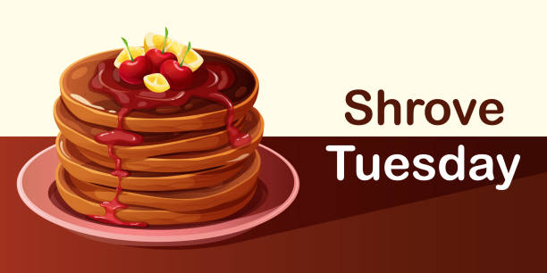 ilustraciones, imágenes clip art, dibujos animados e iconos de stock de pila de panqueques de chocolate con jarabe de cereza y mensaje de texto martes de carnaval. banner de felicitación, postal para el día del panqueque - tortitas finas