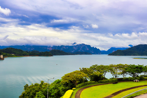 Water and mountains at Ratchaprapa Dam, Surat Thani Province, Thailand