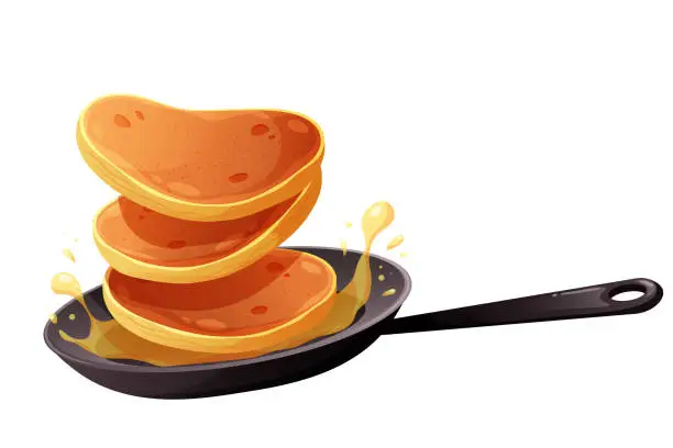 Vector illustration of Frying pan with flying pancakes and oil on transparent background. Vector illustration for Pancake Day and breakfast in cartoon style
