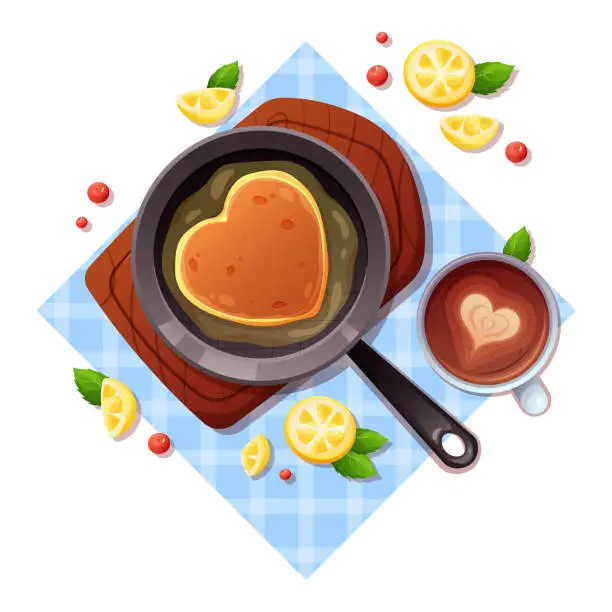Vector illustration of Frying pan with pancake fried in oil, cappuccino cup, fruits and berries on tablecloth. Vector illustration of traditional breakfast, Pancake Day