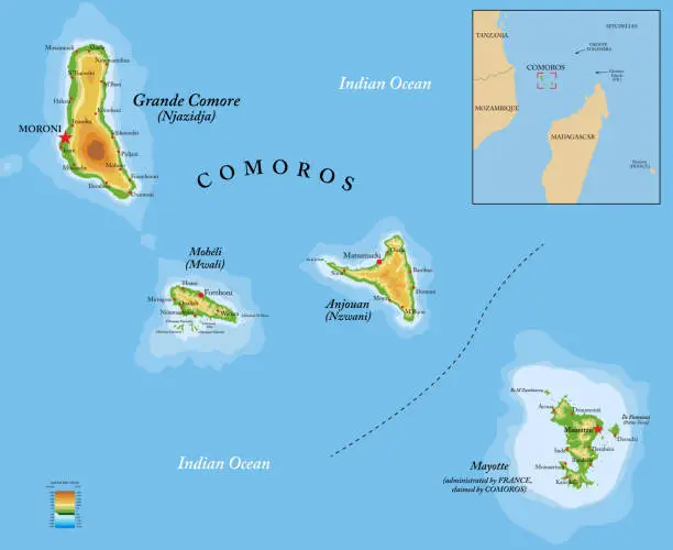 Vector illustration of Comoros islands highly detailed physical map