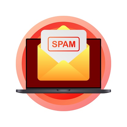 Spam letter on laptop. Flat, red, laptop with letter, spam letter. Vector illustration