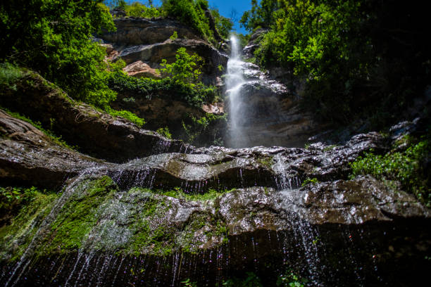 Alpine stream waterfall between woods and pastures in summer in Rotzo on the Asiago plateau Vicenza Veneto Italy