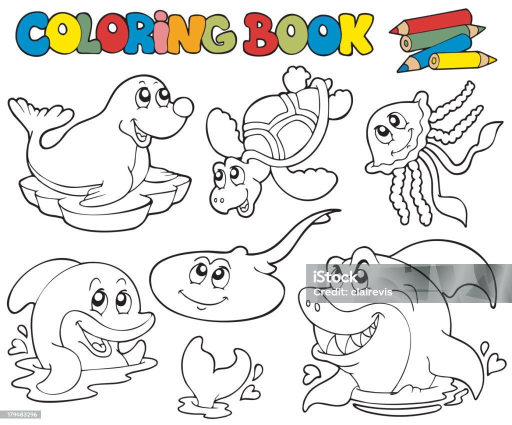 Libro para colorear con animales marinos 1 - arte vectorial de Tiburón libre de derechos
