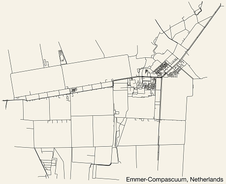 Detailed hand-drawn navigational urban street roads map of the Dutch city of EMMER-COMPASCUUM, NETHERLANDS with solid road lines and name tag on vintage background