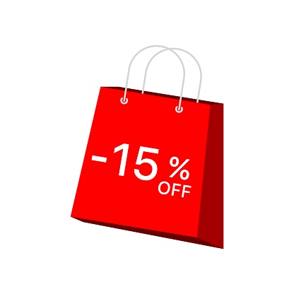 -15% off package. Flat, red, -15% off discount, discount package. Vector icon
