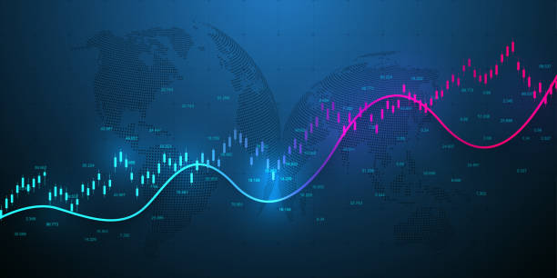 istock Abstract financial chart with uptrend line graph and world map on black and white color background. Business Candle stick graph chart of stock market investment trading. Vector illustration. 1794839165