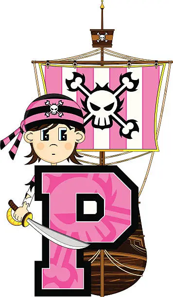 Vector illustration of Cute Bandana Pirate & Ship Letter P