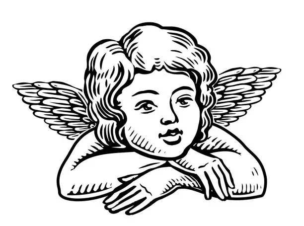 Vector illustration of Cute baby with wings. Hand drawn little angel. Sketch vintage illustration