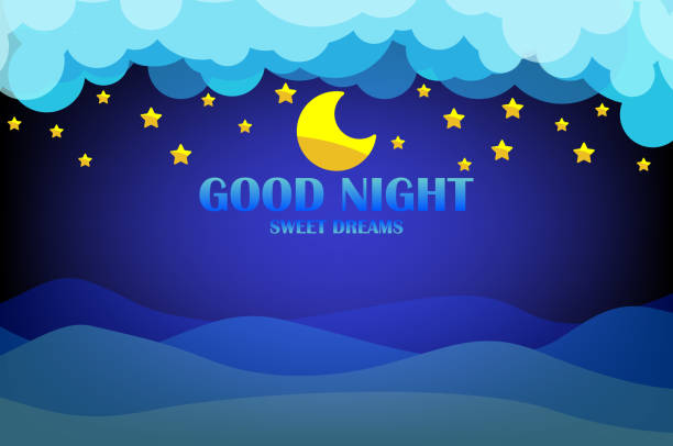 Good night and sweet dreams banner. Clouds on dark sky background with moon and stars. Good night and sweet dreams banner. Clouds on dark sky background with moon and stars. Vector illustration. going to bed cartoon stock illustrations